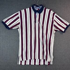 Tommy Hilfiger Mens Striped‎ Short Sleeve Polo Shirt Burgundy White Navy Blue L